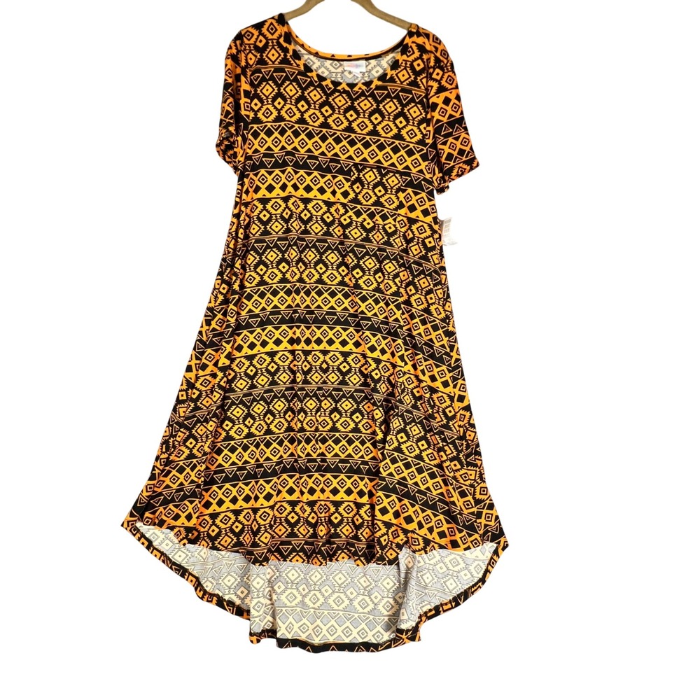 LuLaRoe Carly Dress Womens Small Orange Black Geometric Tribal High Low NWT